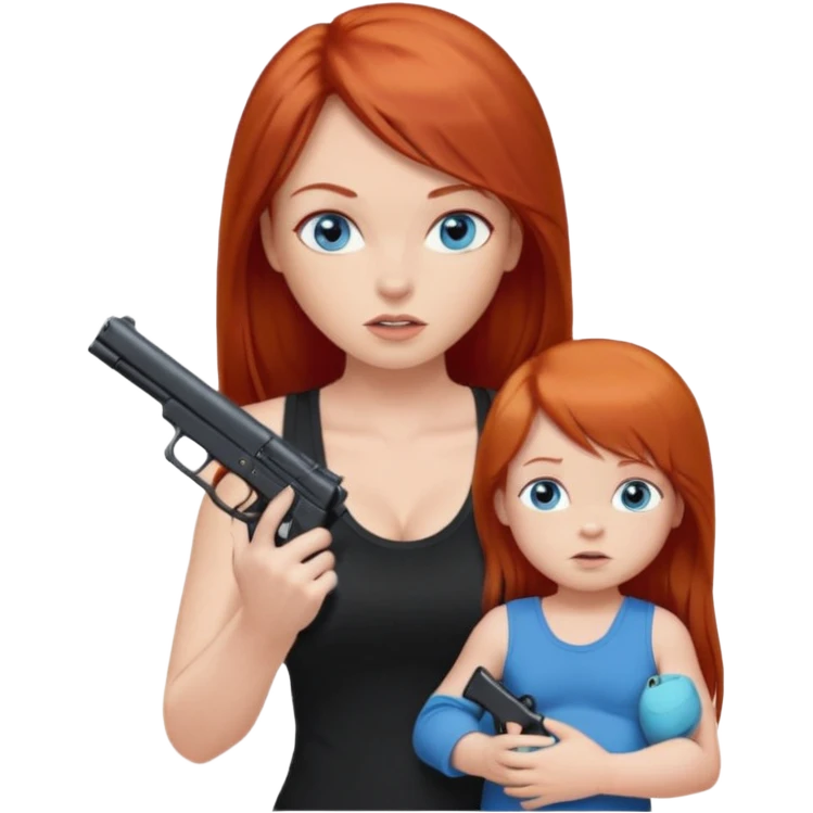 A red head with long straight hair, she has blue eyes with big boobs. She’s wearing a black tank top and holding a gun up in one hand and a baby boy with blue eyes sucking on one of her boobs in the other arm emoji