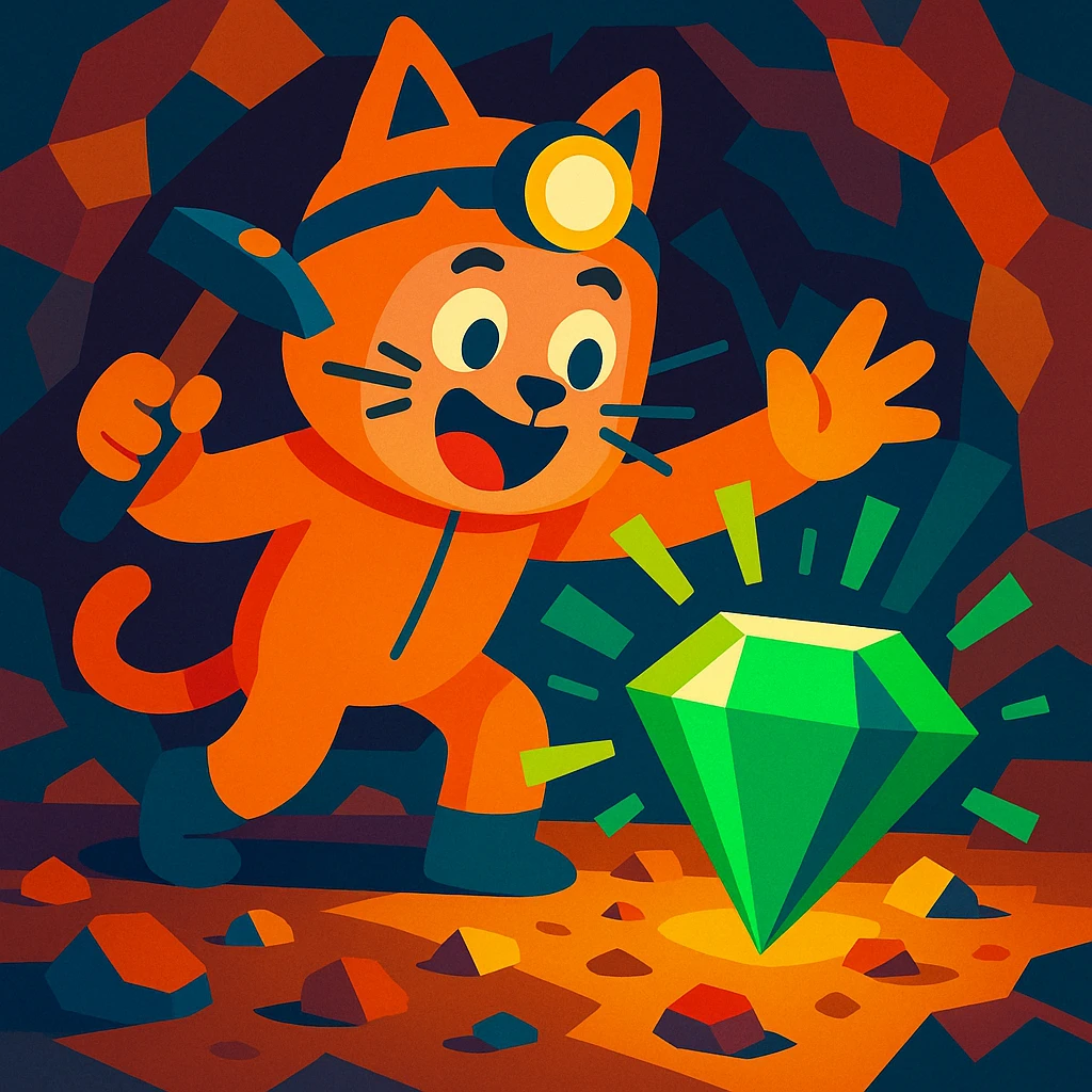 A miner dressed in a cat costume discovering a huge emerald at y -255, vibrant and playful, with a sense of excitement. emoji