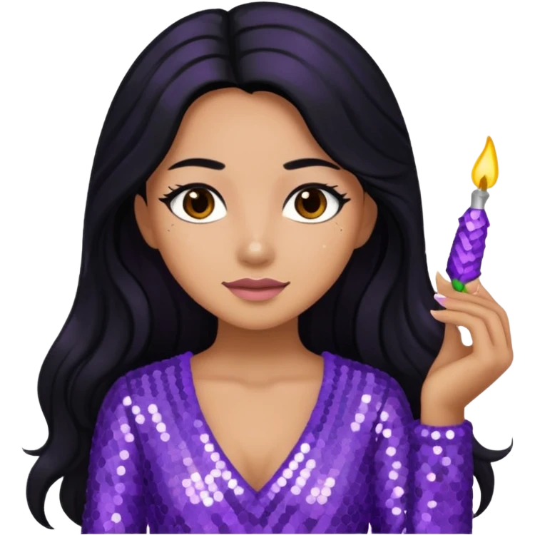 Esther from The Bible with long black hair, lavender sequin outfit emoji