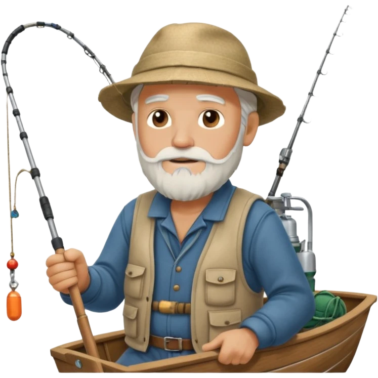 an old white haired, bearded man in fisherman attire, sat in a big boat on the ocean, holding one fishing rod in one hand, with the end of the fishing line touching the water emoji