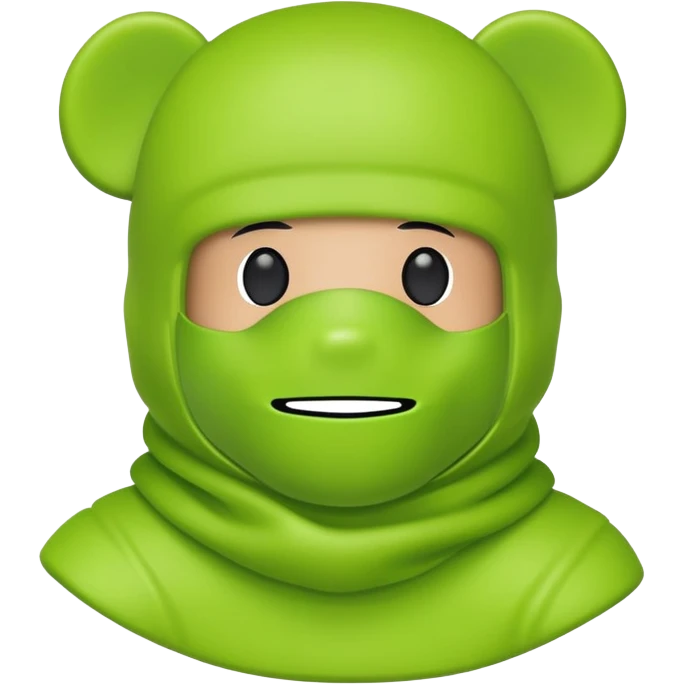 bearbrick toy wearing a lime green balaclava with relaxed but well-defined arched eyebrows visible above the mask emoji