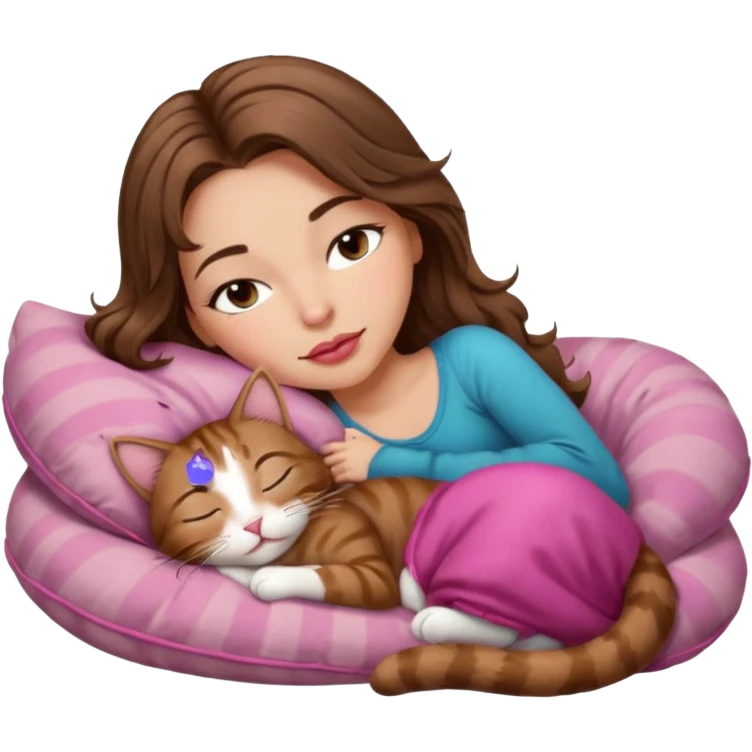girl with long wavy brown hair, brown eyes, long lashes makeup, sexy pink lips, light to medium complexion,  sleeping on a cozy pillow, with brown tabby cat, sleeping emoji