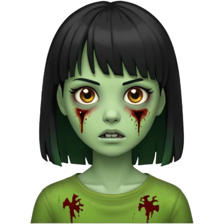 Emoji de uma garota zumbi com os cabelos longos, lisos e pretos. Ela usa uma franja curta. Pele verde  emoji