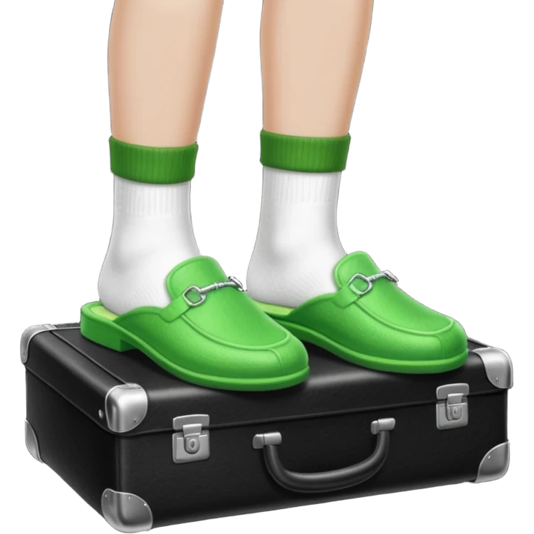 Feet with white socks wearing green house slippers standing on a briefcase emoji