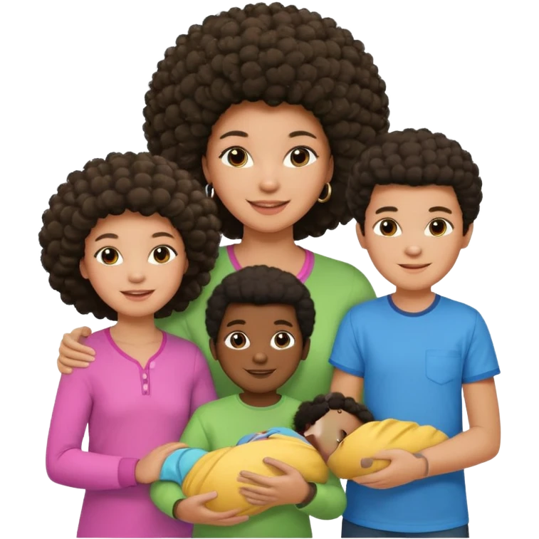 Family with a dark woman only with an afro hairstyle and a green shirt, two children: a boy with straight hair and a blue shirt, and a baby girl in a pink shirt. All are smiling. emoji