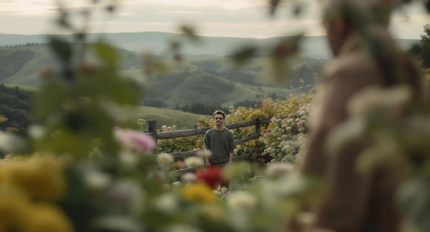 A portrait of a person in the foreground, blurred plants in the foreground (frame within a frame), a wooden fence and colorfull flowers in the midground, rolling hills in the background, cinematic depth of field, layered composition, natural lighting emoji