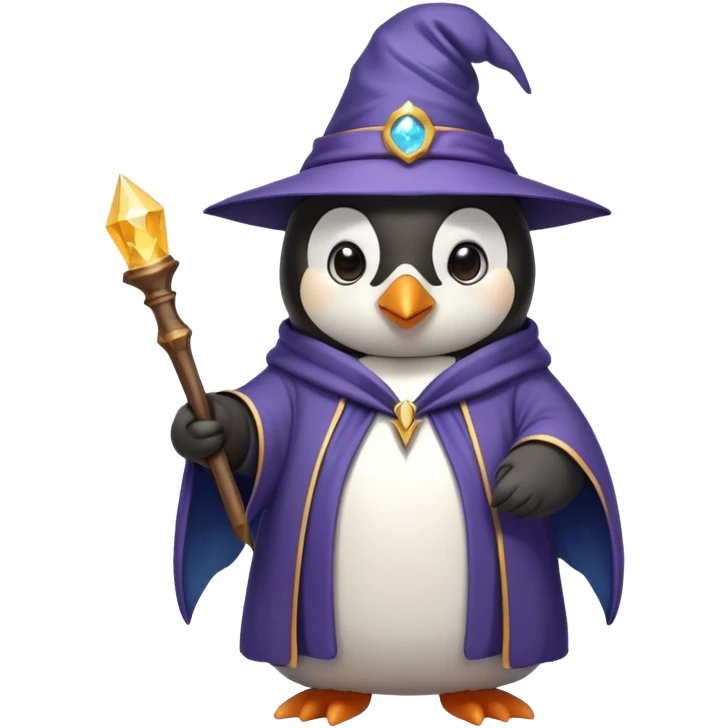 penguin wearing wizard hat and robe with magic wand emoji