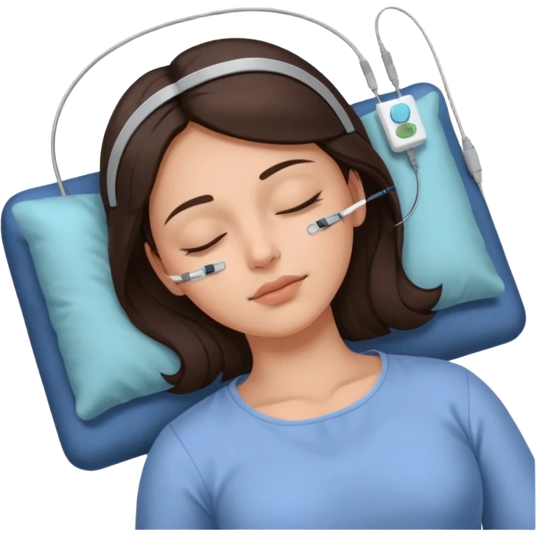 brunette woman sleeping polysomnography sleep test with electrodes attached to head emoji