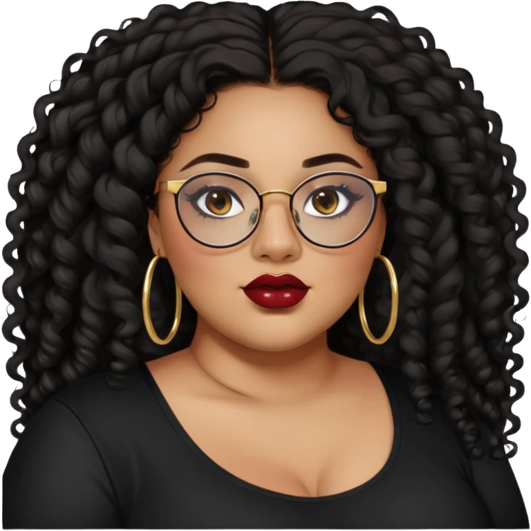 teen big plus size, latina, darker tan skin, gold hoops, long black curly hair, baddie,pretty, makeup, dark red lipgloss, black eyeliner, long hair, black shirt, black glasses emoji