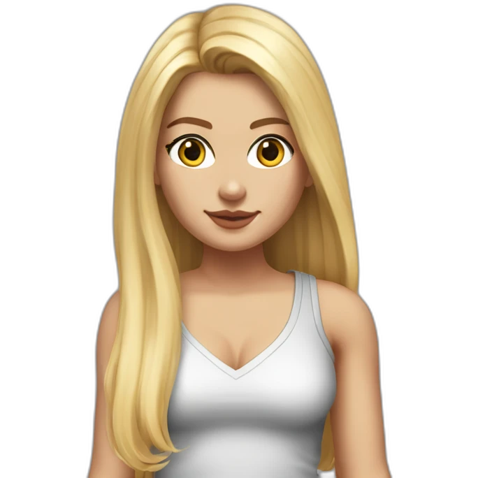 hyperrealistic caucasian blonde, long straight hair, white deep v-neck crop tanktop, gray tight mini skirt emoji