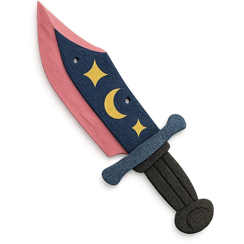 gothic knife with pink blade and starry night motif, paper craft style emoji