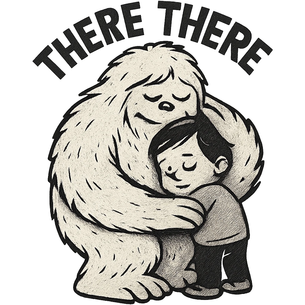 Reduce the file size to be smaller than 1MB, keep the background transparent, and preserve the 'there there' text through the head of the Abominable Snowman hugging the much smaller kid. Maintain the original style and details. emoji