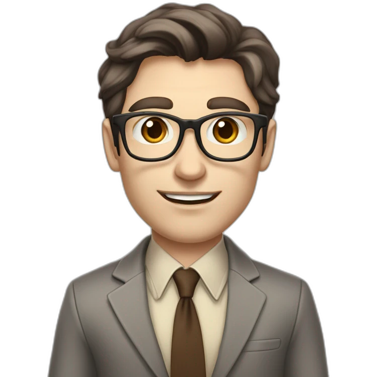 Pale skinned fit man with dark brown hair in gray jacket, beige office shirt, brown tie, brown pants and vintage glasses Writing on the flipchart emoji