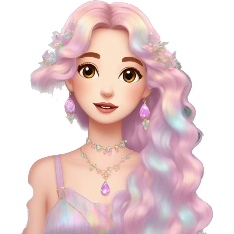Dreamy pretty shiny colorful pastel lady in nature pastelcore kawaii beautiful hair cottagecore jewels trending aesthetic emoji