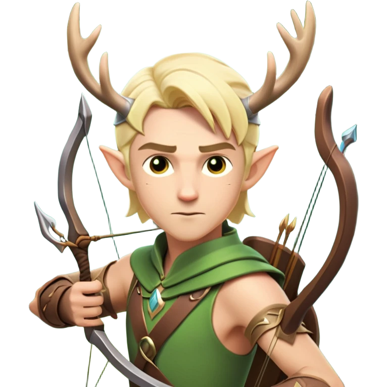 clash-of-clans-aesthetic-blond-male elf-archer-portrait-emoji, rendered in a flat, vector-style with minimal shading and bold holding his bow, simplified shapes, head tilted slightly forward with a determined, focused expression, riding a majestic stag whose antlers glow with mystical energy, set against an ancient, enchanted forest backdrop. emoji