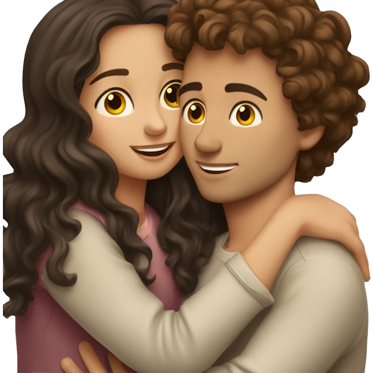 Brunette wavy haired girl hugging kissing brunette boy emoji