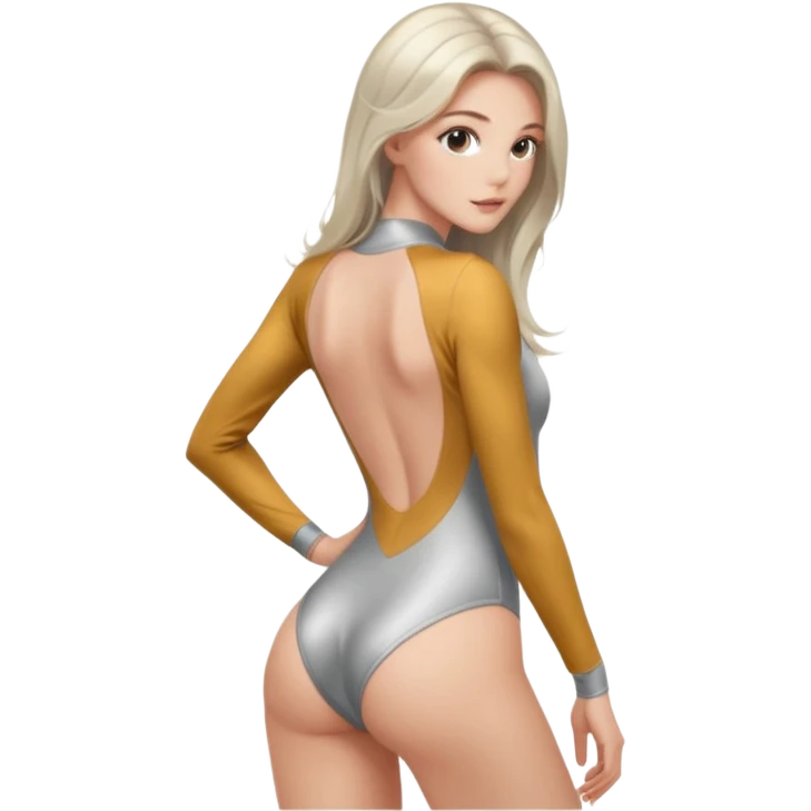 woman with light long hair in silver long-sleeve bodysuitlooking at the camera from back with sexy pose emoji