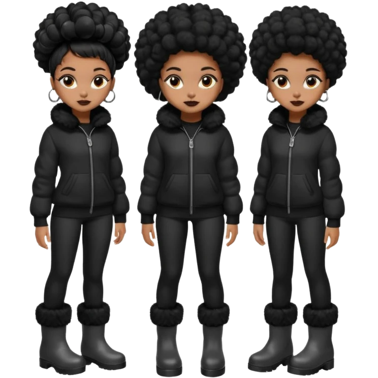 A brown skin girl that has a slim and thick body with black hair into two Afro puffs   and wears all black outfit with grey furry boots  emoji