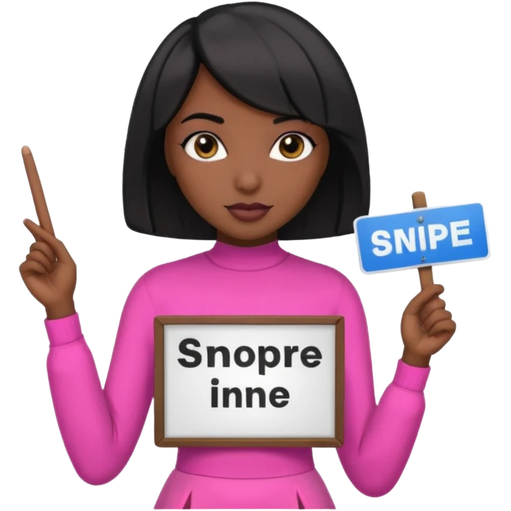 Dark skin woman with black bob in hair holding sign that says snipe  wearing pink outfit  emoji