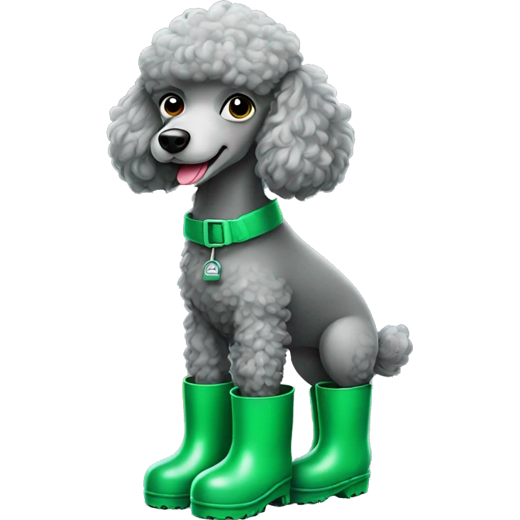 Grey poodle wearing green rain boots  emoji
