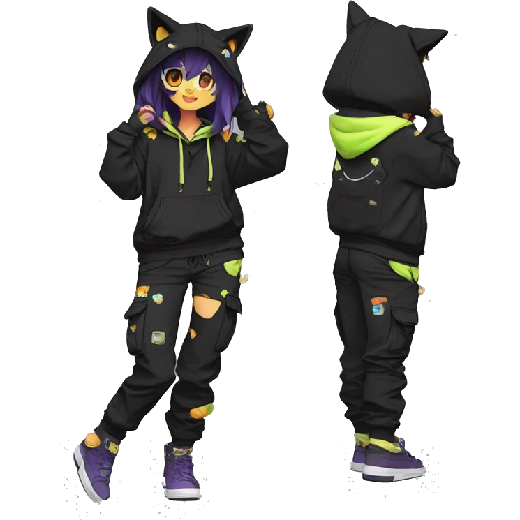 Edgy Anthro cool shy colorful urban beautiful pretty anime dark cat-Pokémon-fursona techwear cargo pants hoodie emoji