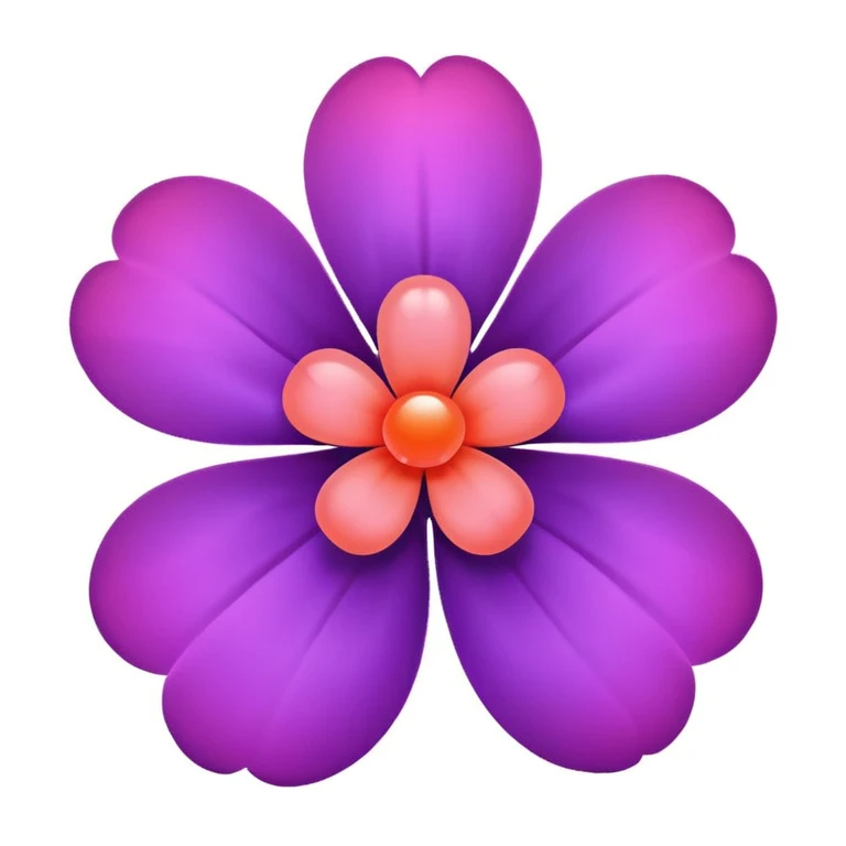 elegant flower emoji with five rounded purple petals, glowing coral-pink sphere in the center, light pink rounded square background, minimal intelligent emoji