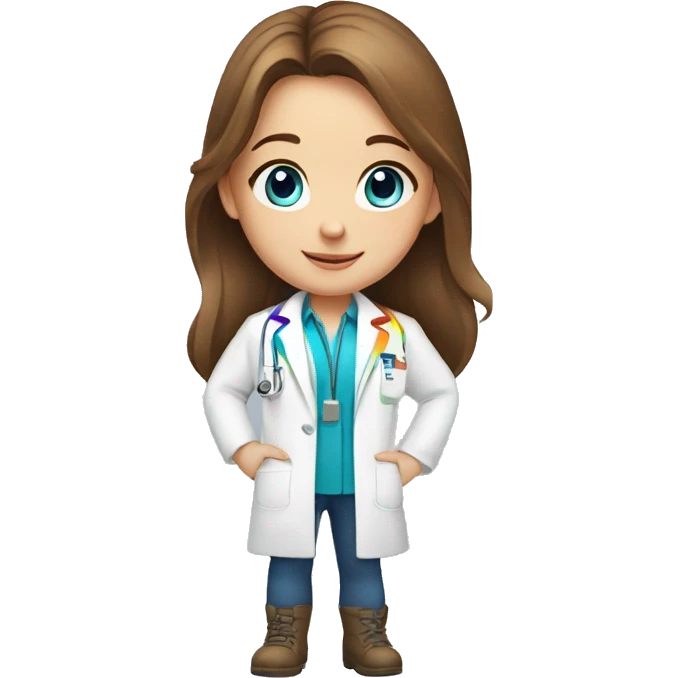White young girl with long brown hair and blue eyes wearing a rainbow pharmacist coat emoji