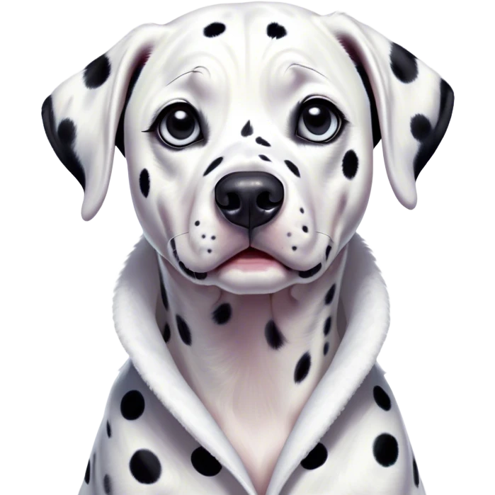 Cinematic Comical Dalmatian Portrait Emoji, Head tilted dramatically with an exaggeratedly shocked or offended expression, showcasing a striking white coat with bold black spots, wide, expressive dark eyes filled with exaggerated disbelief, Simplified yet hilariously expressive features, highly detailed, glowing with a slightly sassy glow, high shine, dramatic yet playful, stylized with an air of attitude, bright and endearing, soft glowing outline, capturing the essence of a sassy and over-the-top companion, so meme-worthy it feels like it could side-eye its way into internet fame instantly! emoji