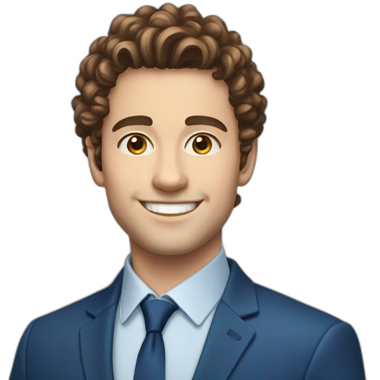 Young european business man with brown curly hair, sidecut, smiling, blue suit emoji