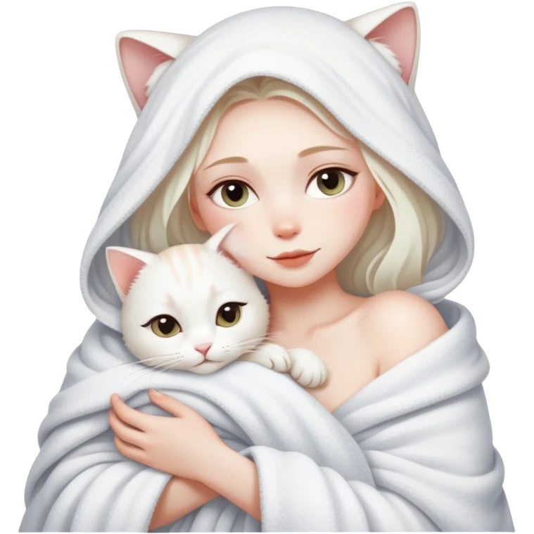 A beautiful woman wrapped in a blanket after taking a bath hugs a white cat emoji