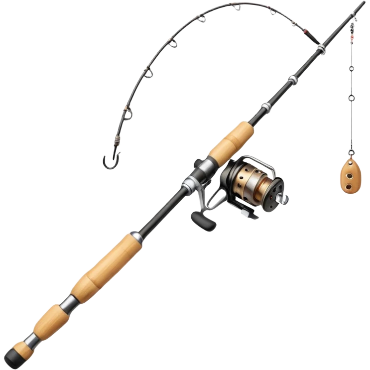 Genmoji-style bamboo fishing rod emoji, simple beginner rod, smooth rounded shapes, soft gradients, small reel, exactly one fishing line hanging from the tip, 3/4 angle, clean silhouette, no hook, no text, transparent background emoji