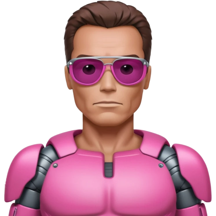 Schwarzenegger-like Terminator, upper body only, wearing his iconic clothes in pink (all clothes must be pink), looking more human with minimal robotic details, and wearing dark sunglasses. emoji