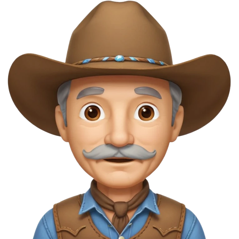 cute old cowboy portrait, head and shoulders only, cowboy hat, grey mustache, wrinkles, warm smile, western outfit, 3D cartoon, mobile game icon style, clean background, no text, no watermark
 emoji