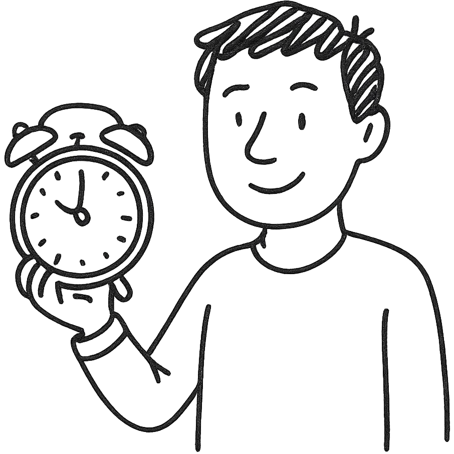 A man with brown hair holding a red alarm clock emoji