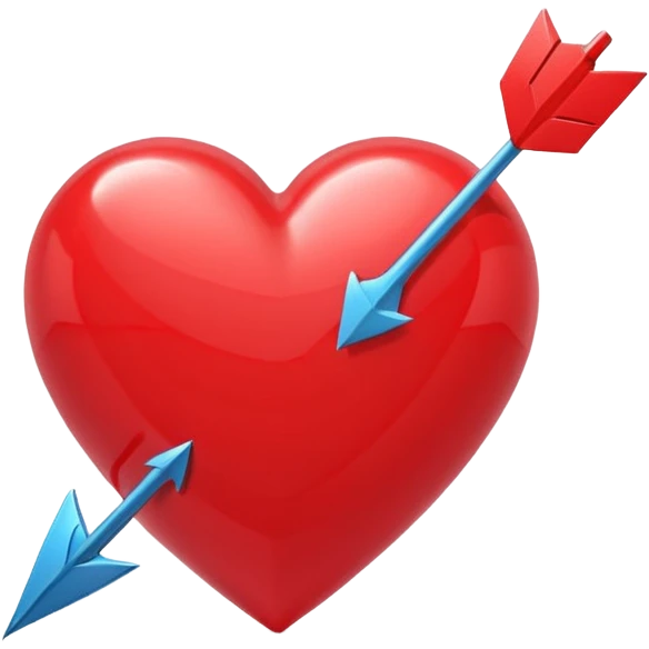 Apple-style 3D illustration of a glossy red heart pierced by a horizontal double-ended arrow. One end of the arrow has a small female symbol, the other end has a small male symbol. The heart is centered, shiny, with soft shadows, floating on a clean white background, minimal and emotional design emoji
