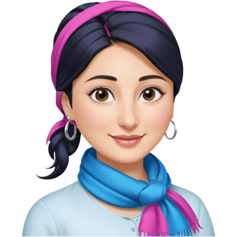 generate a pretty bratz emoji 
Make her wear a white shirt with a colorful blue-pink scarf wrapped around her neck. smiling big. Black hair tied into a side part ponytail, silver hoops and no necklace

She should look exactly  like Kareena Kapoor. kohl under eyes emoji