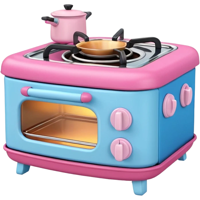 Cute toy stove, single burner only, front view.
BabyBus-style 2.5D soft shading, bright pastel colors (pink & blue).
Rounded chunky toy shape, simple details.
Even studio lighting, NO harsh light, NO realism, NO textures.
Smooth matte surface, no outlines, no strokes.
Clean background. emoji
