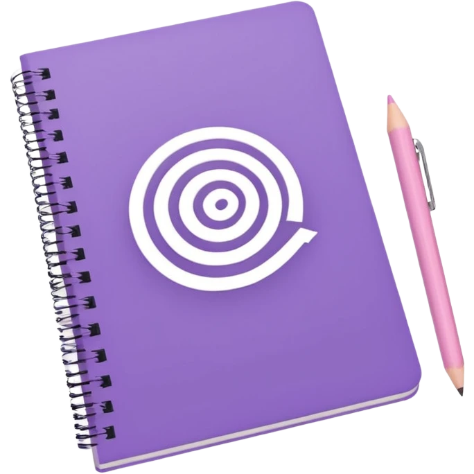soft purple spiral notebook with white inscription 'schedule' on the cover, soft pink pencil lying on top, iOS emoji style emoji