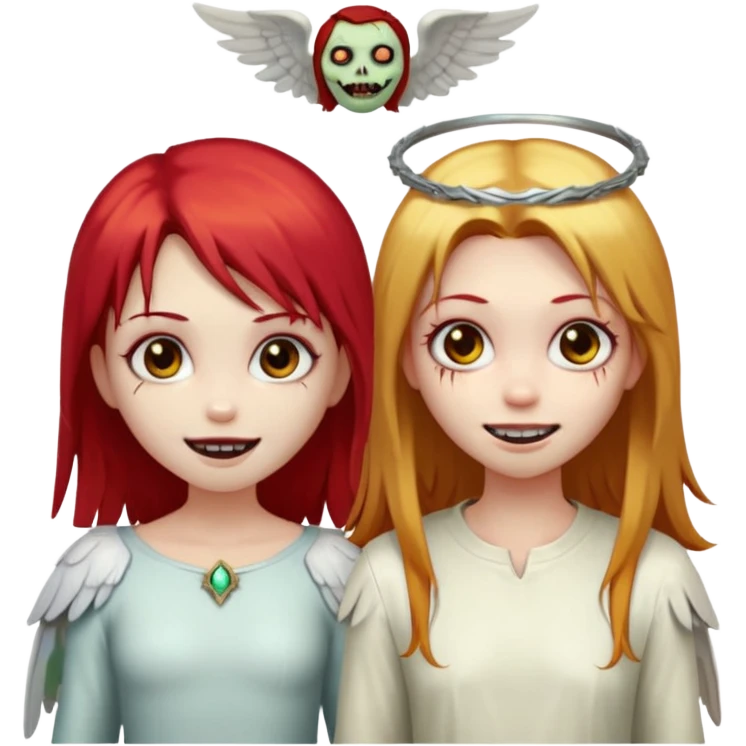девушка ангел с нимбом и крыльями, с рыжими прямыми волосами по плечи, с улыбкой, стоит рядом с девушка зомби с темными длинными прямыми золосами, со злым выражением лица и ровными белыми зубами в стиле Apple avatar emoji