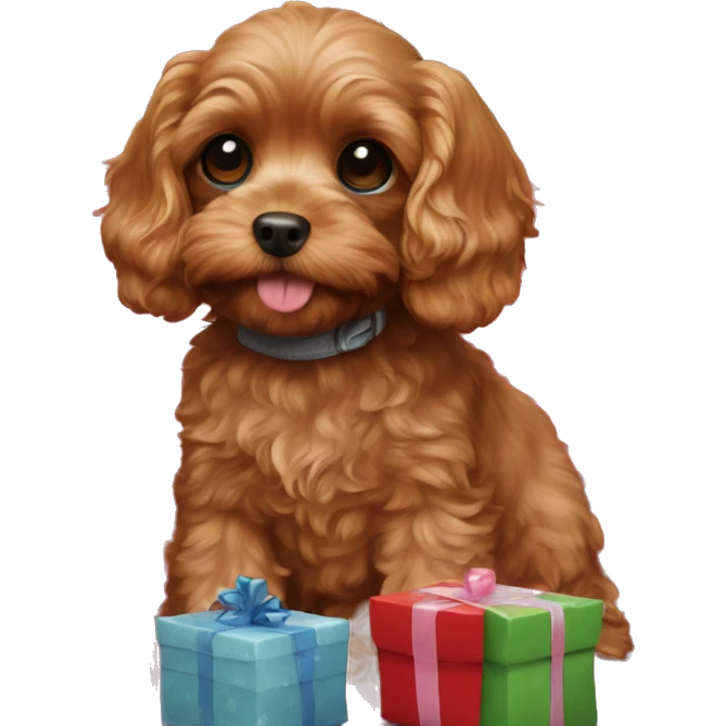 ruby red toy cavoodle surrounded by presents  emoji