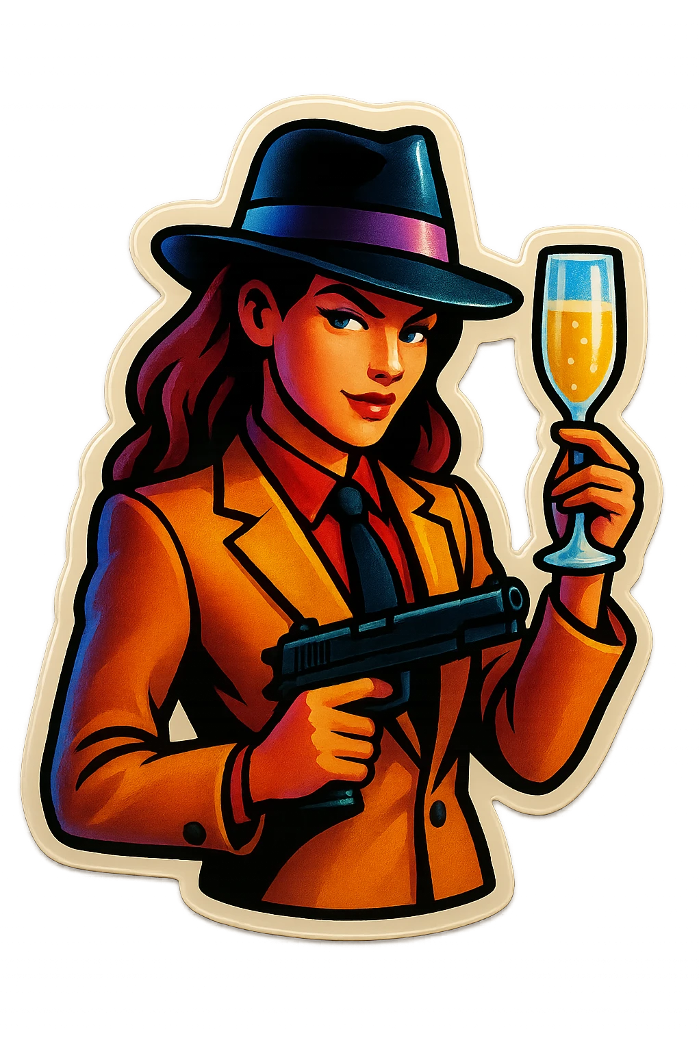 A sticker of a female gangster with a glass of champagne emoji