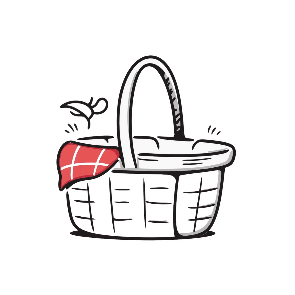A picnic basket with handle and lid, possibly with some items peeking out, in pastel colors (dd9fb0, ffc6d3, a3bfc9, c4bee2, f1b091), hand-drawn doodle style emoji