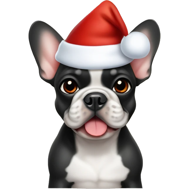 A small, black-and-tan French bulldog with a mostly black face and tan paws, wearing a classic red and white Santa hat, sitting happily with its tongue slightly out. emoji