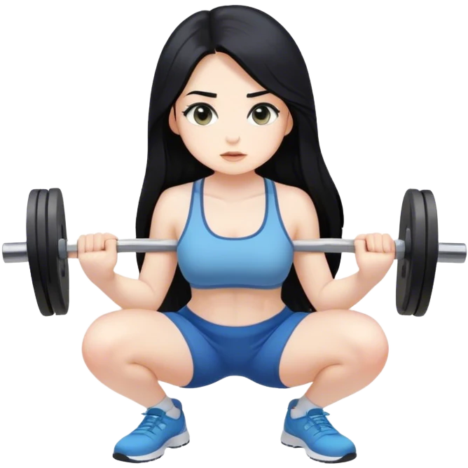 Pale girl with long black hair squatting weight emoji