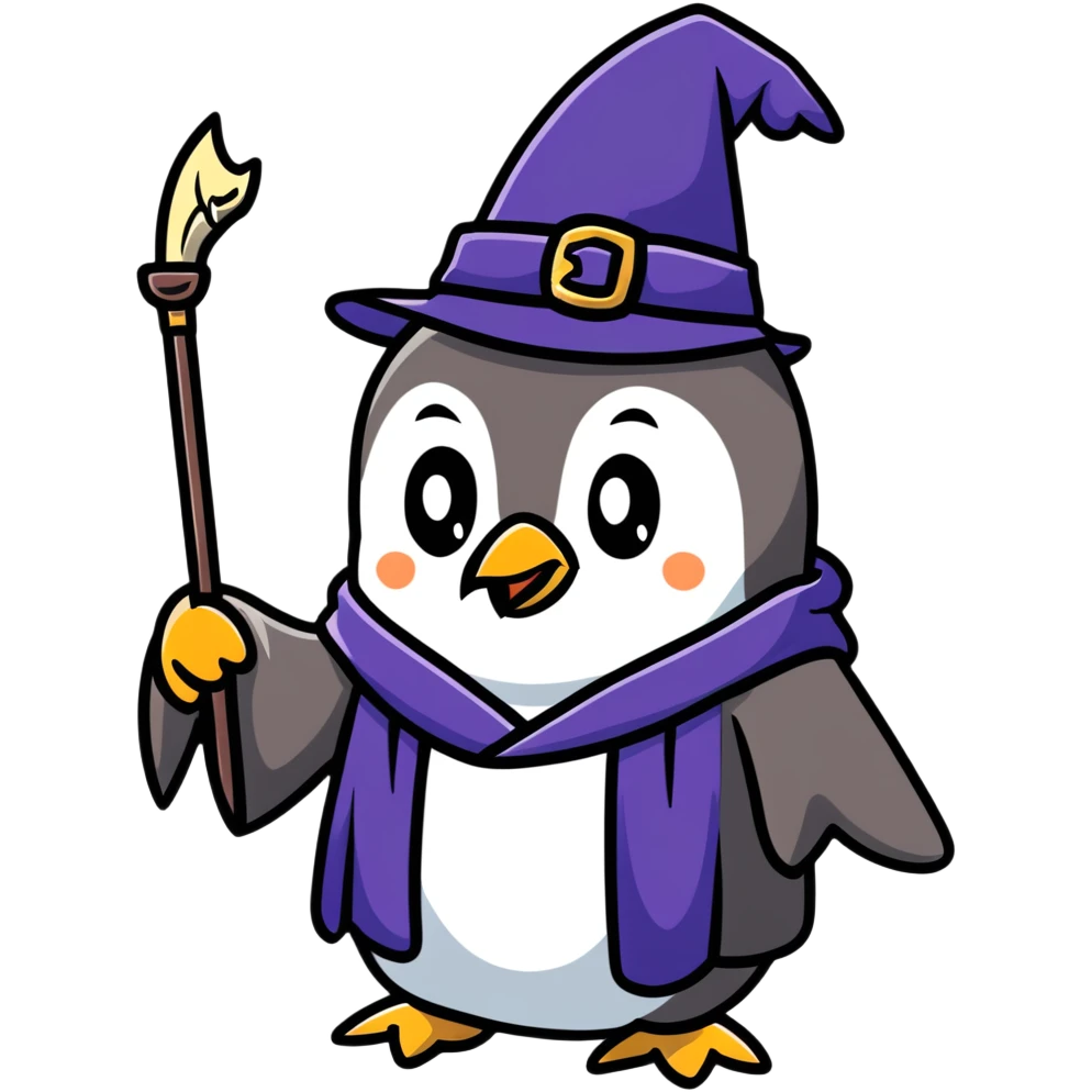 penguin wizard with a magical staff and wizard robe emoji