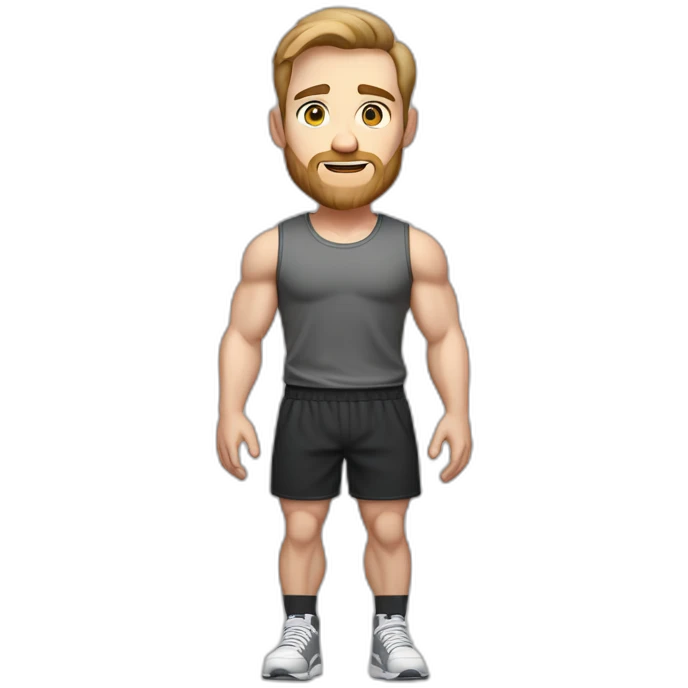 Full height Pale skinned fit man With biceps, Realistic eyes and mouth, light brown hair and stubble In dark gray sleeveless mike, black oversize sports shorts, watch and white sneakers. emoji