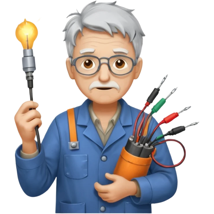 A scatteredbrained old tinkerer with messy workshop coat, holding sparking wires.
 emoji