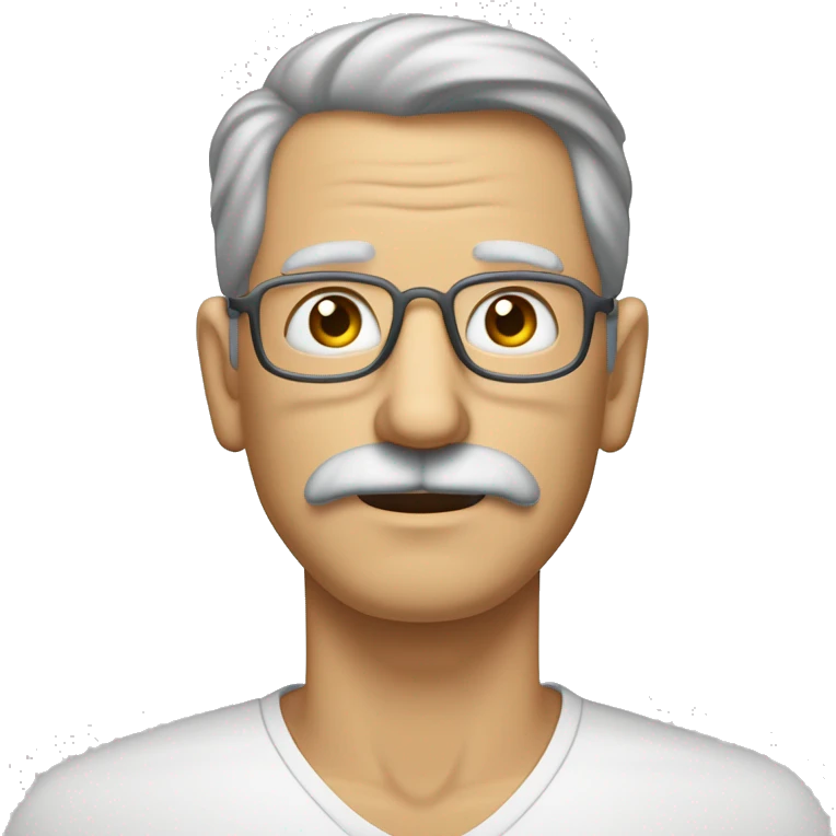 un hombre de mediana edad con un tono de piel claro. Lleva el pelo corto y gris, cortado al ras. Tiene un bigote delgado y oscuro. Sus ojos son marrones claros y están enmarcados por finas gafas redondas. Su nariz es recta y alargada. emoji
