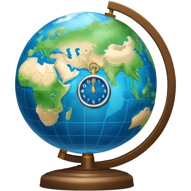 Earth globe with analog clock in corner, timezone symbol, iOS emoji style emoji