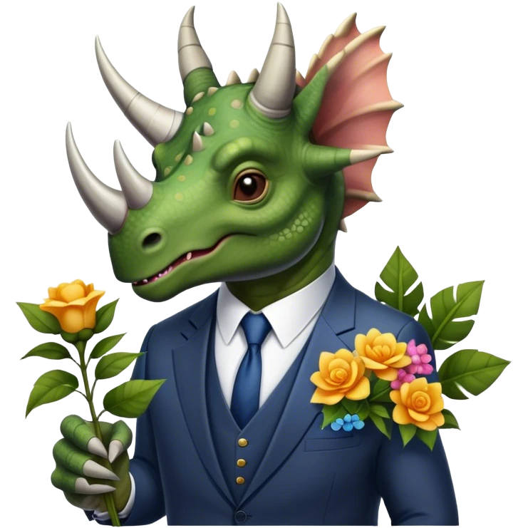 old triceratops in suit holding flowers emoji